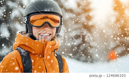 Young snowboarder preparing for a downhill ride, winter sports excitement in the air 124686103