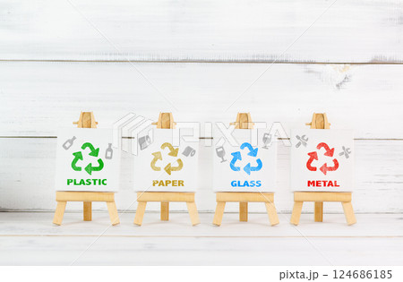 Sustainable Recycling Icons with Related Items Displayed on Mini Easels Sustainable Recycling Icons with Related Items Displayed on Mini Easels 124686185