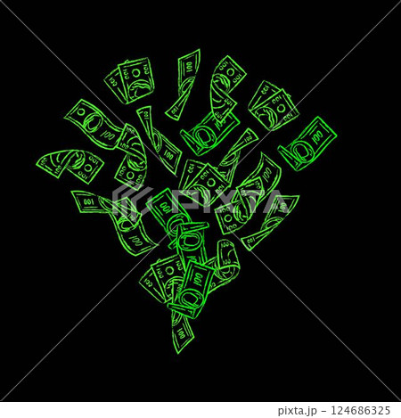Money composition like burst, explosion with pile of flying apart 100 dollar notes, banknotes, bills. Composition with outline contour icons. Grunge style. Neon fluorescent green color 124686325