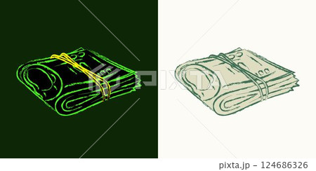 Wad of 100 dollar bills folded in half. Cash money. Outline contour icon. Single isolated object. Grunge style. Neon fluorescent green color. Perspective side view Wad of 100 dollar bills folded in half. Cash money. Outline contour icon. Single isolated object. Grunge style. Neon fluorescent green color. Perspective side view 124686326