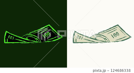 Twisted american 100 dollar bill with front side. Falling, flying banknote. Cash money. Outline contour illustration. Single isolated object. Grunge style. Neon fluorescent green color 124686338