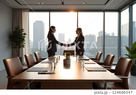 Two professionals greet clients with a handshake across a polished table in a spacious 124686347