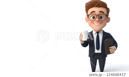 Animated office manager holding a coffee cup and planner, 3D cartoon style, wearing business attire, isolated on white 124686437