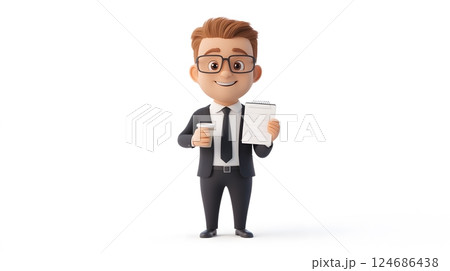 Animated office manager holding a coffee cup and planner, 3D cartoon style, wearing business attire, isolated on white 124686438