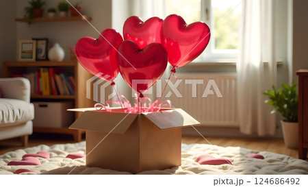 A surprise box bursts open, releasing heart-shaped balloons into a cozy, colorful childrens room 124686492
