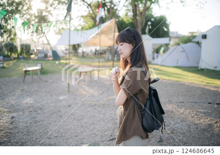 Asian woman with camping activity 124686645