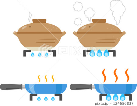 ガスコンロの弱火と強火にかけた土鍋とフライパン 124686837