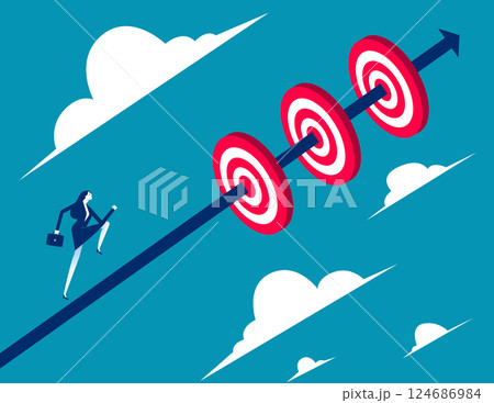Traders running on arrows and hitting three bullseyes. Success and challenges 124686984