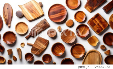 《AI画像》白背景に並べた木のプレート 124687028