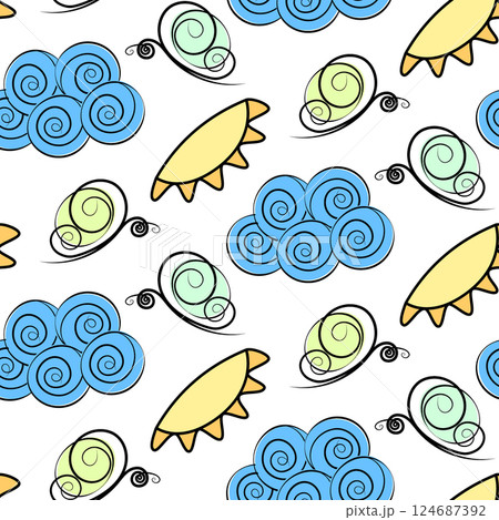 Stylized Butterflies Sun Clouds Seamless Pattern Freehand Summer Abstract Background Texture concept 124687392