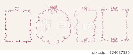 Whimsical coquette ribbon frame, hand drawn line ornament, border y2k romantic retro design element. Wavy curved vintage decor. 124687520