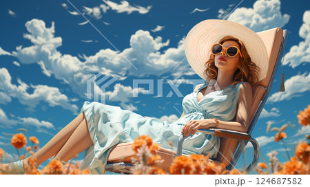 Beautiful woman in sunglasses and hat sitting in a sun lounger on a sunny day on the beach 124687582