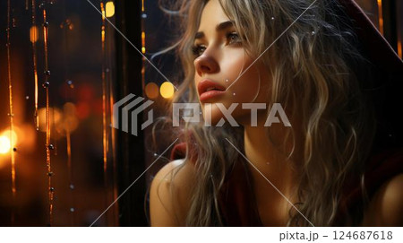 A beautiful pensive woman looks out the window at night during the rain and drops flow down the glass. Face of a sad girl close-up 124687618