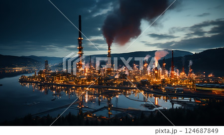 Large oil refinery industrial chemical plant top view at night 124687849