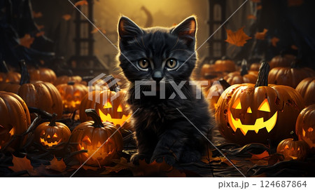 Black cat and scary Halloween decorations 124687864
