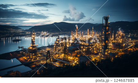Large oil refinery industrial chemical plant top view at night 124687885