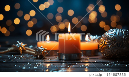 Beautiful candles and Christmas tree toys and decorations for New Year and Christmas 124687886