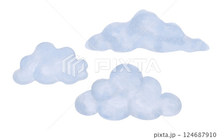 Set of blue clouds. Marker illustration in watercolor style. Hand drawn isolated clipart of sky elements. Cartoon children's sketch for prints, clothes, cards, children's party, bedroom, fabric. 124687910