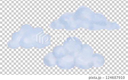 Set of blue clouds. Marker illustration in watercolor style. Hand drawn isolated clipart of sky elements. Cartoon children's sketch for prints, clothes, cards, children's party, bedroom, fabric. 124687910