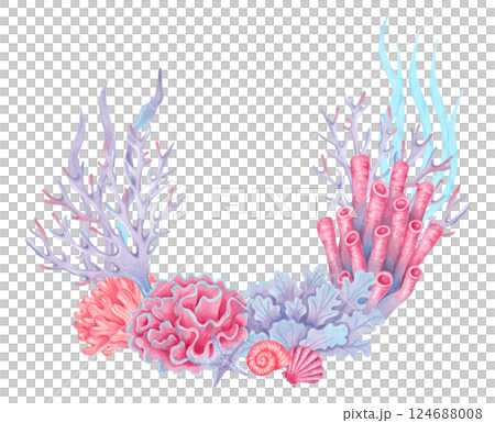 Composition with corals, seaweed and shells. Watercolor illustration. Underwater nature of the seabed. Hand drawn coral reef with space for text. Art for children's design, tourism industry, travel 124688008