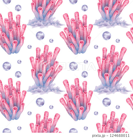 Tube coral with water bubbles. Seamless pattern. Watercolor and marker illustrations. Ocean coral reefs, seabed underwater animal. Hand drawn isolated art. Nautical design for fabric, textile. Tube coral with water bubbles. Seamless pattern. Watercolor and marker illustrations. Ocean coral reefs, seabed underwater animal. Hand drawn isolated art. Nautical design for fabric, textile. 124688011