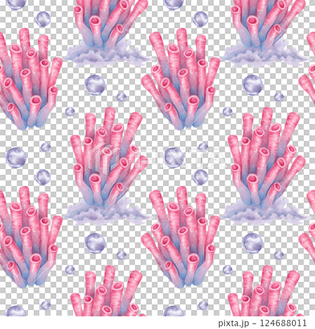 Tube coral with water bubbles. Seamless pattern. Watercolor and marker illustrations. Ocean coral reefs, seabed underwater animal. Hand drawn isolated art. Nautical design for fabric, textile. Tube coral with water bubbles. Seamless pattern. Watercolor and marker illustrations. Ocean coral reefs, seabed underwater animal. Hand drawn isolated art. Nautical design for fabric, textile. 124688011