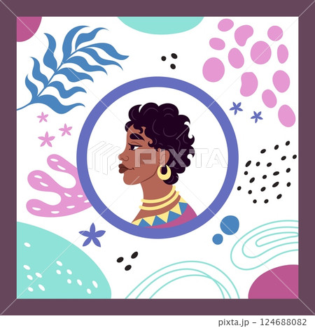 Women's history month. Attractive African girls portrait. Happy young face profile. Abstract flat shapes. Square frame. Trendy hairstyle. Color leaves. Female beautiful profile. Vector picture card 124688082