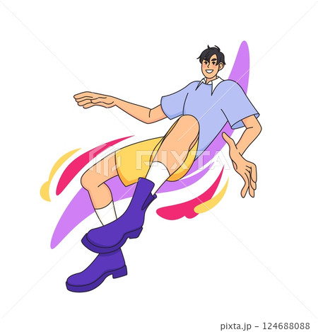 Flying man. Happy character falling in fantasy, person in abstract universe, positive boy in imagination floating, teenager jumping in gravity, vector cartoon flat style isolated freedom illustration 124688088