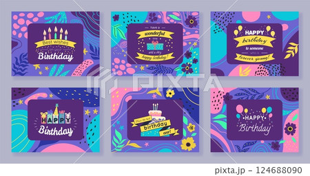 Happy birthday cards. Anniversary party celebration. Holiday gifts. Festive balloons. Present box. Abstract flowers frame. Cake candles. Congratulation text ribbon. Vector design event postcards set 124688090