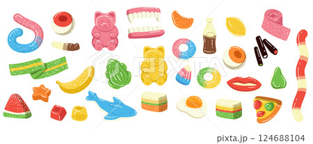 Gummy candy set. Jelly bears, worms, chewing fruit. Soft colorful funny cartoon food, sugar animals. Kids confectionery with eyes, lips and teeth. Vector illustration flat design isolated elements Gummy candy set. Jelly bears, worms, chewing fruit. Soft colorful funny cartoon food, sugar animals. Kids confectionery with eyes, lips and teeth. Vector illustration flat design isolated elements 124688104