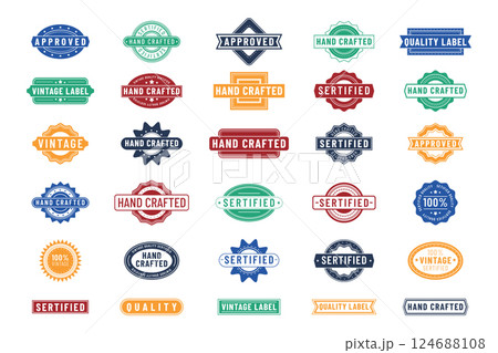 Stamp certify. Certificate seal. Hand crafted. Product sticker template. Grunge mark. Rectangular badge for quality guarantee. Accepted warranty safety. Vintage red tag. Vector garish retro labels set 124688108
