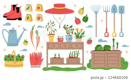Garden tool for plant. Vegetable compost. Home flower. Spring care for farming. Rake and shovel. Houseplant in box. Soil for grass. Gardener boots or hat. Floral gardening. Natural garish illustration 124688109
