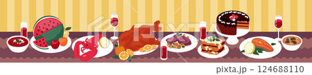 Food table Thanksgiving. Christmas dinner, feast, dish buffet, turkey, pie. Meal holiday, different party, festive plate tray. Vector cooked home eating. Cartoon flat style isolated illustration 124688110