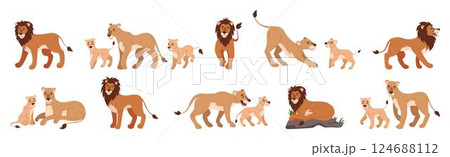 Lion animal family. Lioness, cub baby, king cat. Jungle cartoon flat zoo characters. Safari nature wild. Mammal in wildlife, pride in savannah. Vector illustration African tidy fauna isolated set Lion animal family. Lioness, cub baby, king cat. Jungle cartoon flat zoo characters. Safari nature wild. Mammal in wildlife, pride in savannah. Vector illustration African tidy fauna isolated set 124688112