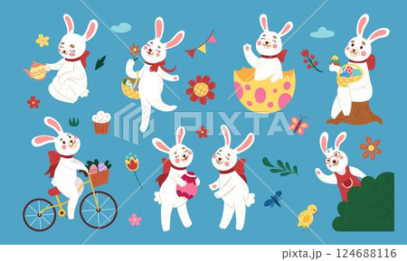 Easter. Spring plant, flower, basket with chicken egg with patterns, funny bunny, white rabbit. Cute animal cartoon happy celebration. Vector design isolated illustration on tidy traditional holiday 124688116