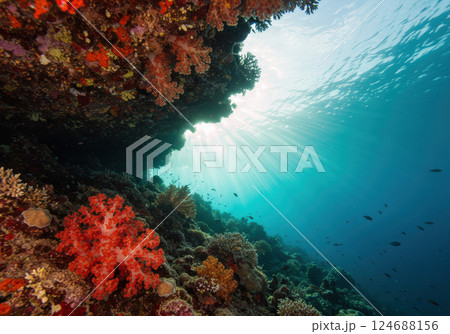 水面から太陽光が射す透き通った深いブルーの海(AI生成画像) 水面から太陽光が射す透き通った深いブルーの海(AI生成画像) 124688156