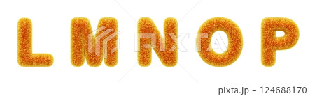 3d fur type font, fluffy alphabet letters L, M, N, O, P with yellow orange gradient hairy texture. Furry plush and shaggy text characters. Soft fuzzy english abc, isolated render set. 3D illustration 124688170
