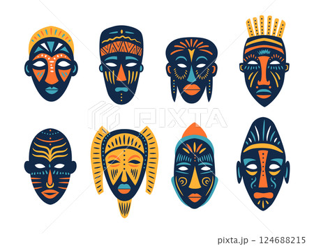 Set of colorful african ethnic tribal ritual masks of different shapes. Vector collection on white background. Set of colorful african ethnic tribal ritual masks of different shapes. Vector collection on white background. 124688215