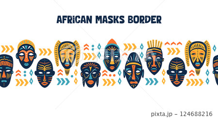 Seamless pattern of ritual masks. African ethnic tribes of various shapes. Border for banner, invitation, card. 124688216