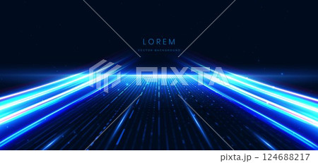 Abstract scene elegant blue light lines on dark background with lighting effect and sparkle. 124688217