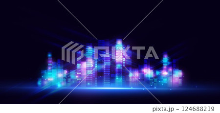 Futuristic smart city night skyscrapers on dark blue background. Technology connection data communication city concept. 124688219