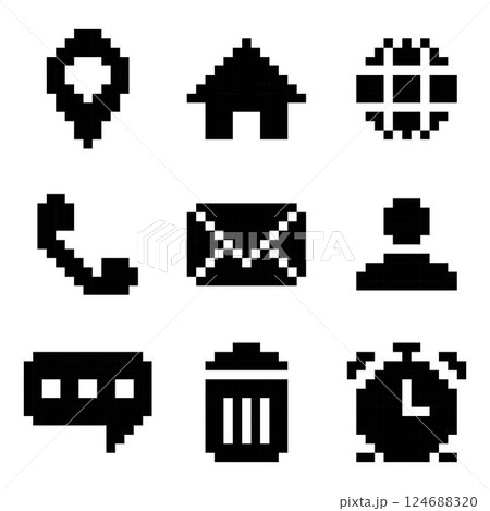Black Pixel Art Icons Set Featuring Communication Navigation and Utility Symbols in a Retro Style Black Pixel Art Icons Set Featuring Communication Navigation and Utility Symbols in a Retro Style 124688320