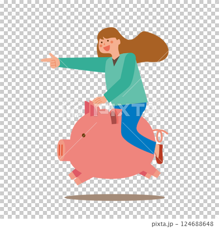 A woman riding on a piggy bank 124688648
