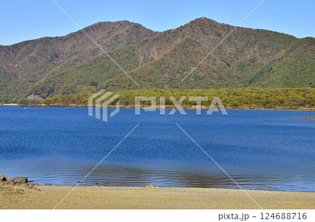 山梨県 本栖湖畔より望む紅葉のパノラマ台と烏帽子岳 山梨県 本栖湖畔より望む紅葉のパノラマ台と烏帽子岳 124688716