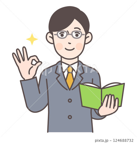 教科書を持ちながらOKサインする男性教師 124688732
