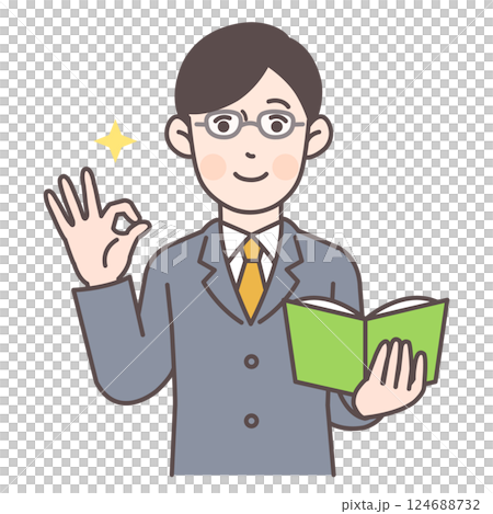 教科書を持ちながらOKサインする男性教師 124688732