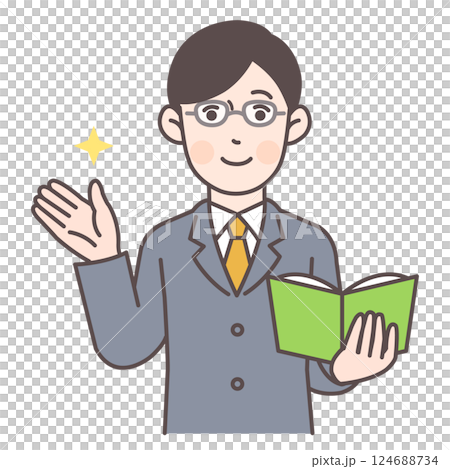 A male teacher guiding while holding a textbook A male teacher guiding while holding a textbook 124688734