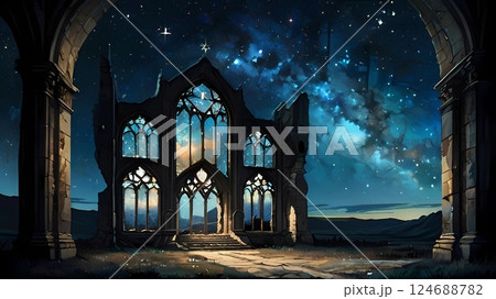 RPGファンタジーゲーム背景　ゴシック異世界遺跡神殿の美しい廃墟	 124688782