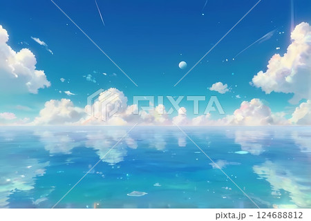 ゲーム背景イラスト　美しいグラデーションの青空と反射する海の水面	 124688812