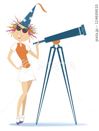 Astronomy scientist or stargazer woman. Astronomy scientist or stargazer woman looking through a telescope. Fantasy wizard in tall hat. Isolated white background 124689010